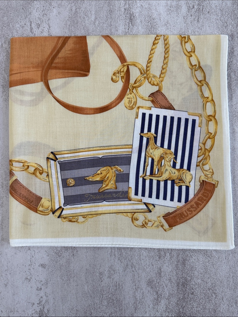 Trussardi Cream, Brown and Gold Chain Print cotton Scarf - Picture 5 of 6